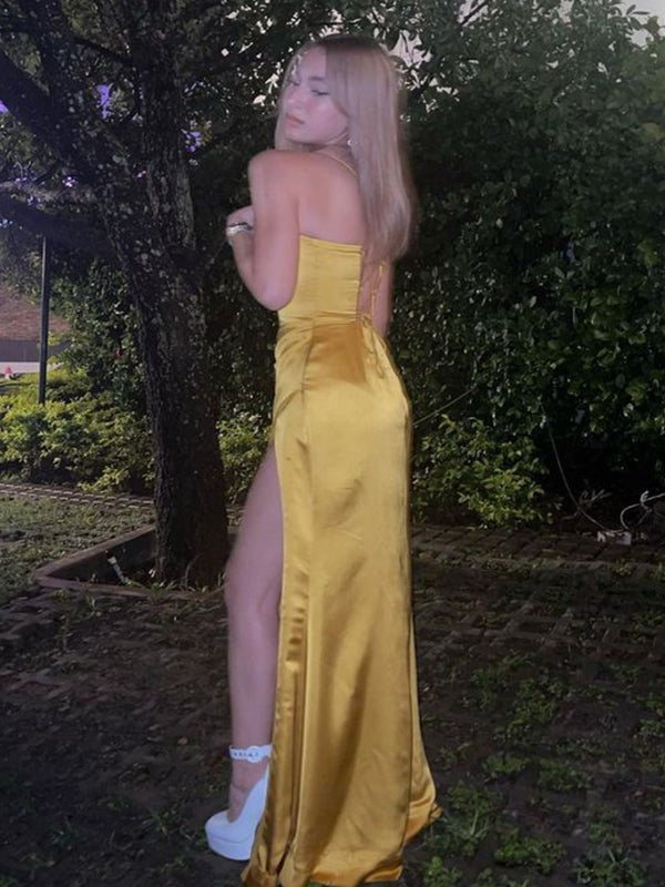 Sexy Yellow Mermaid Side Slit Spaghetti Strap&nbsp;Popular Maxi Long Party Prom Dresses,Evening Dress Online, FM510