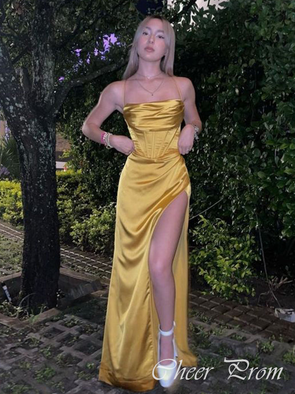 Sexy Yellow Mermaid Side Slit Spaghetti Strap&nbsp;Popular Maxi Long Party Prom Dresses,Evening Dress Online, FM510