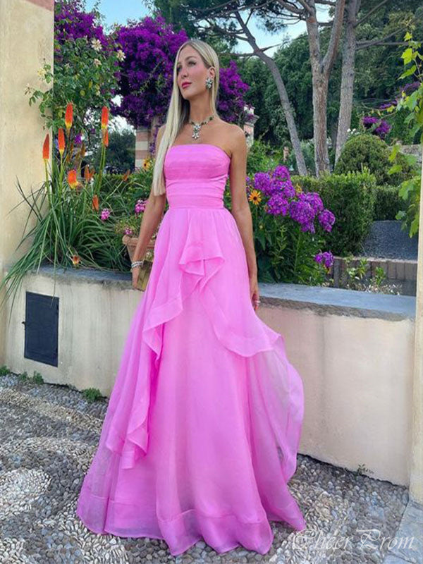 Elegant Pink A-Line Strapless Sleeveless Ruffle Maxi Long Party Prom Dresses,Evening Gowns,FM71