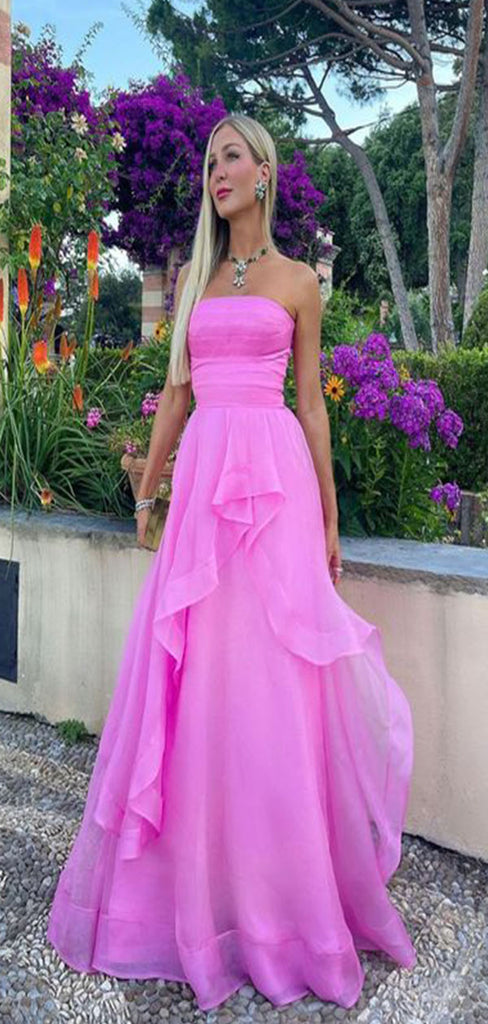 Elegant Pink A-Line Strapless Sleeveless Ruffle Maxi Long Party Prom Dresses,Evening Gowns,FM71