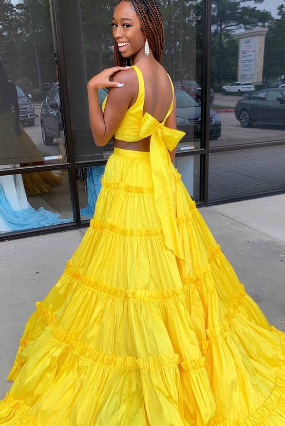 Unique Yellow Two Pieces V Neck Spaghetti Straps Ruffle Maxi Long Party Prom Dresses,Evening Gowns,FM72