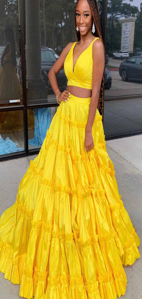 Unique Yellow Two Pieces V Neck Spaghetti Straps Ruffle Maxi Long Party Prom Dresses,Evening Gowns,FM72