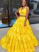 Unique Yellow Two Pieces V Neck Spaghetti Straps Ruffle Maxi Long Party Prom Dresses,Evening Gowns,FM72