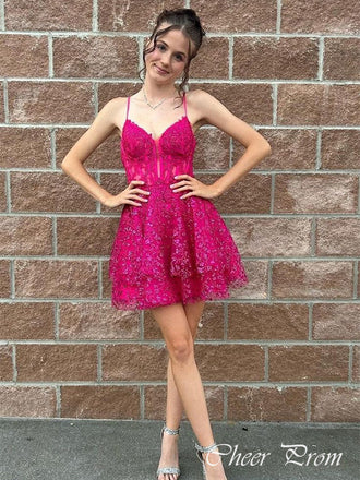 Gorgeous Pink Spaghetti Strap Sleeveless Sleeveless Flower Applique Popular Short Homecoming Prom Dress, CPH279