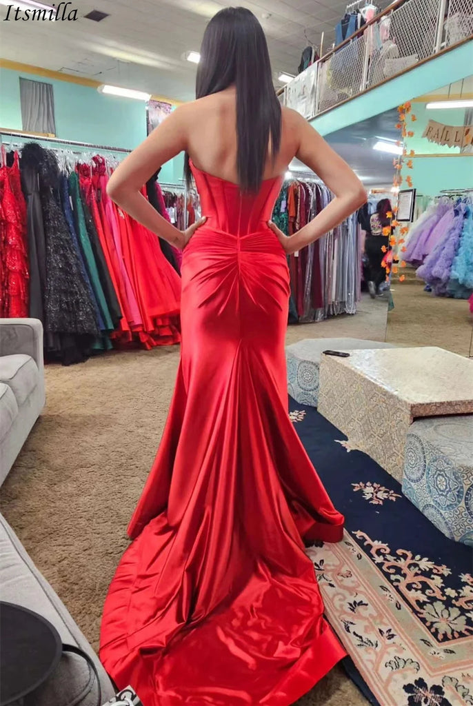 Unique Mermaid Strapless Side Slit With Trailing Maxi Long Party Prom Dresses,Evening Gowns,FM73