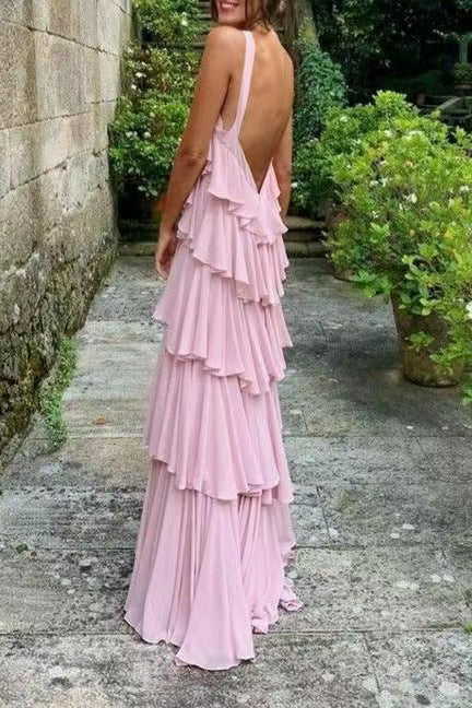 Simple Pink A-Line Sleeveless Backless Ruffle Maxi Long Party Prom Dresses,Evening Gowns,FM74