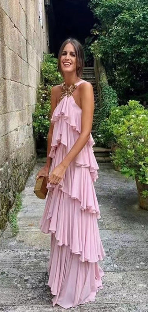 Simple Pink A-Line Sleeveless Backless Ruffle Maxi Long Party Prom Dresses,Evening Gowns,FM74