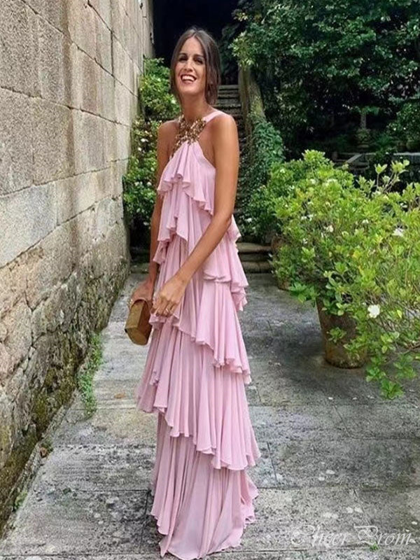 Simple Pink A-Line Sleeveless Backless Ruffle Maxi Long Party Prom Dresses,Evening Gowns,FM74