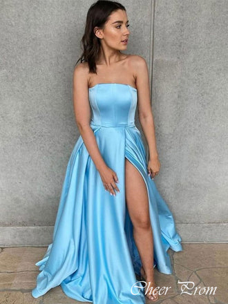 Elegant Baby Blue A-Line&nbsp;Strapless Side Slit Popular Maxi Long Party Prom Dresses,Evening Dress Online, FM518