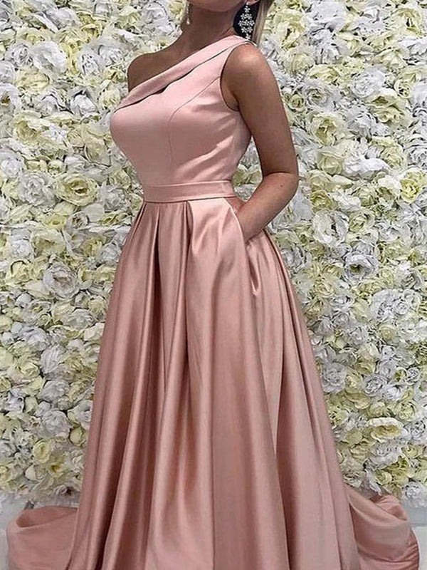 Elegant Pink A-Line One Shoulder Popular Maxi Long Party Prom Dresses,Evening Dress Online, FM522