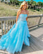 Gorgeous Blue A-Line Spaghetti Straps Side Slit Lace Maxi Long Party Prom Dresses,Evening Gowns,FM79