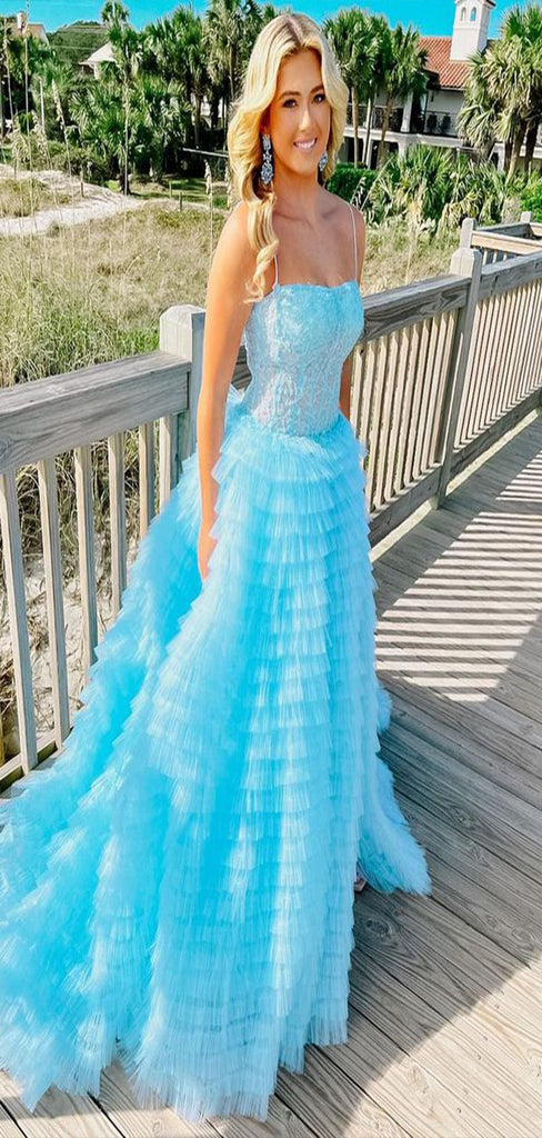 Gorgeous Blue A-Line Spaghetti Straps Side Slit Lace Maxi Long Party Prom Dresses,Evening Gowns,FM79