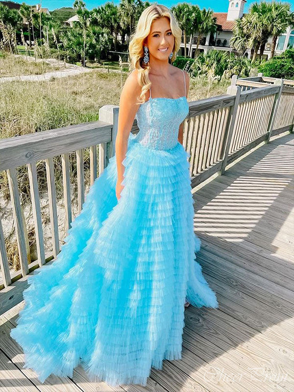 Gorgeous Blue A-Line Spaghetti Straps Side Slit Lace Maxi Long Party Prom Dresses,Evening Gowns,FM79