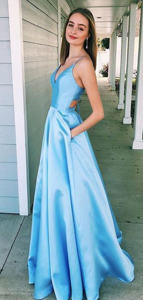 Simple Blue Spaghetti Straps V Neck Sleeveless Maxi Long Party Prom Dresses, Evening Gowns, FM362