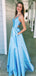 Simple Blue Spaghetti Straps V Neck Sleeveless Maxi Long Party Prom Dresses, Evening Gowns, FM362