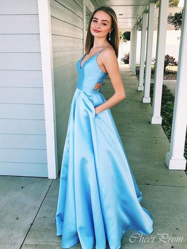 Simple Blue Spaghetti Straps V Neck Sleeveless Maxi Long Party Prom Dresses, Evening Gowns, FM362