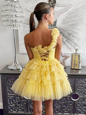 Gorgeous Yellow Ball Gown Ruffle Sleeveless Sleeveless Flower Applique Popular Short Homecoming Prom Dress, CPH281