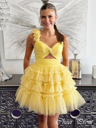 Gorgeous Yellow Ball Gown Ruffle Sleeveless Sleeveless Flower Applique Popular Short Homecoming Prom Dress, CPH281