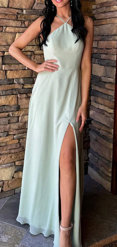 Elegant A-Line Halter Strap Side Slit Popular Maxi Long Party Prom Dresses,Evening Dress Online, FM527