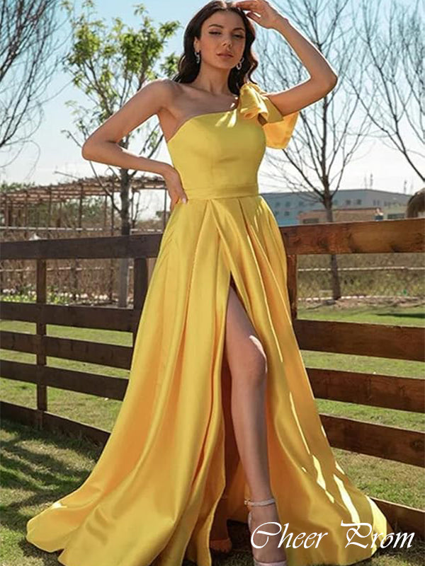 Elegant Yellow A-Line One Shoulder Side Slit&nbsp;Popular Maxi Long Party Prom Dresses,Evening Dress Online, FM524