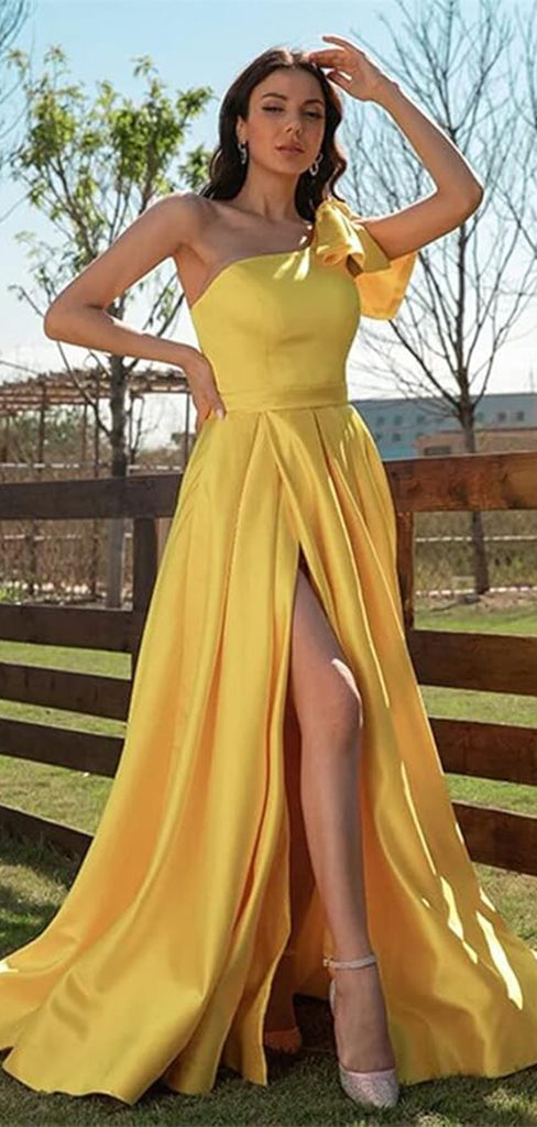 Elegant Yellow A-Line One Shoulder Side Slit&nbsp;Popular Maxi Long Party Prom Dresses,Evening Dress Online, FM524