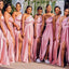 Elegant Pink One Shoulder A-Line Side Slit Square Dresses for Maid of Honor, Bridesmaid Dresses, CP380