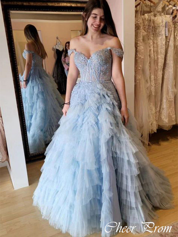 Elegant Baby Blue A-Line Off Shoulder&nbsp;Popular Maxi Long Party Prom Dresses,Evening Dress Online, FM526