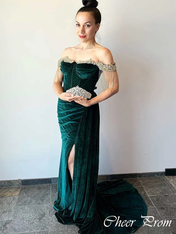 Elegant Green Mermaid Off&nbsp;Shoulder Side Slit&nbsp;Popular Maxi Long Party Prom Dresses,Evening Dress Online, FM525