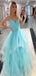 Elegant Blue A-Line V Neck Spaghetti Straps Maxi Long Party Prom Dresses,Evening Gowns,FM81