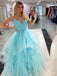 Elegant Blue A-Line V Neck Spaghetti Straps Maxi Long Party Prom Dresses,Evening Gowns,FM81