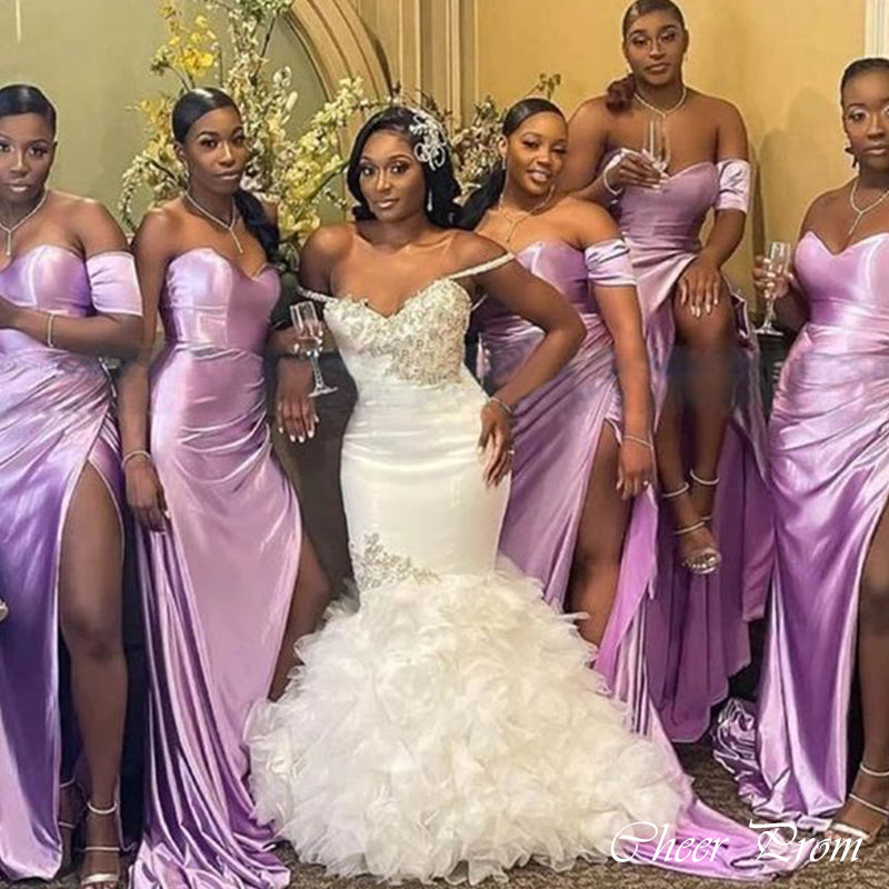 Sexy Purple Off Shoulder Mermaid Side Slit Square Dresses for Maid of Honor, Bridesmaid Dresses, CP381