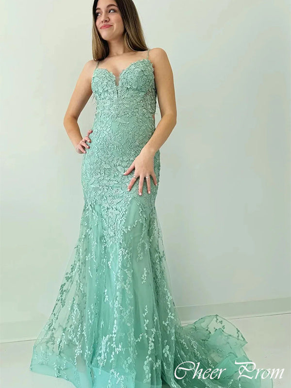 Sexy Green Spaghetti Strap Mermaid Lace&nbsp;Popular Maxi Long Party Prom Dresses,Evening Dress Online, FM530