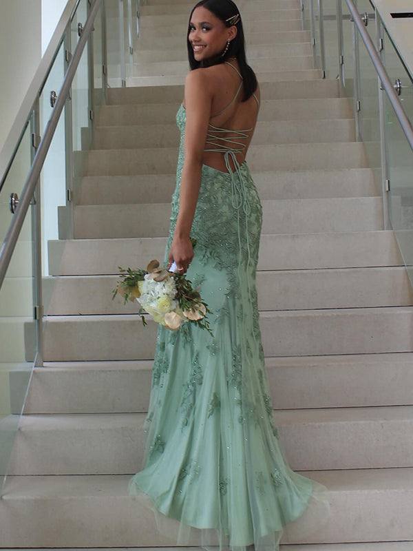 Sexy Green Spaghetti Strap Mermaid Lace Side Slit&nbsp;Popular Maxi Long Party Prom Dresses,Evening Dress Online, FM531