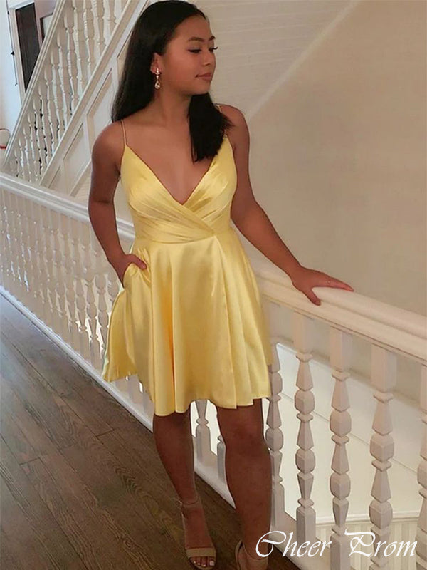 Gorgeous Yellow Spaghetti Strap Ball Gown Strapless Flower Sleeveless Sleeveless Popular Short Homecoming Prom Dress, CPH284