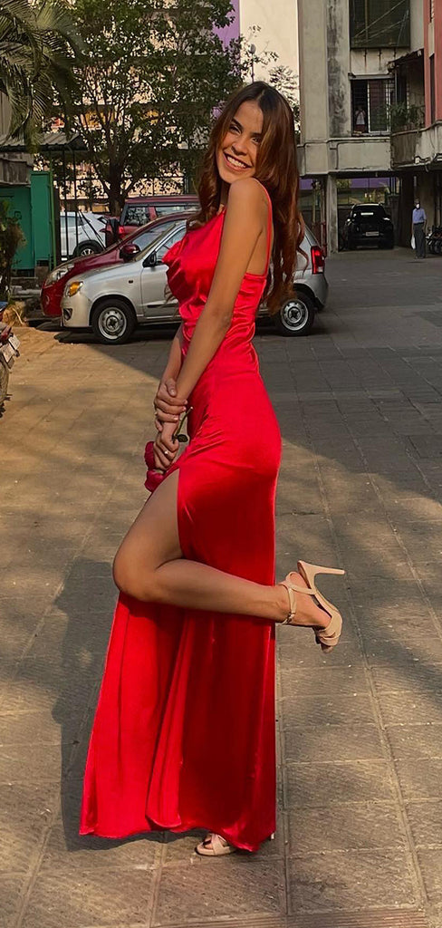 Gorgeous Red Spaghetti Strap Cowl Mermaid Side Slit&nbsp;Popular Maxi Long Party Prom Dresses,Evening Dress Online, FM533