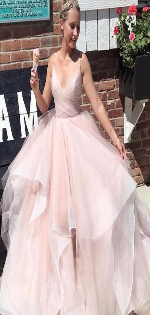 Elegant Pink A-Line Spaghetti Straps V Neck Long Party Formal Prom Dresses,Evening Gowns,FM84