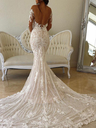 Elegant Sweetheart Mermaid Off Shoulder With Train Lace Popular Long Bridal Dress, Wedding Dresses, CPD194