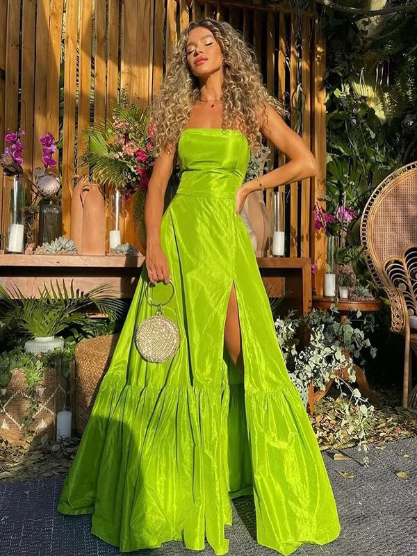 Elegant Lime Green Strapless A-line Side Slit&nbsp;Popular Maxi Long Party Prom Dresses,Evening Dress Online, FM537