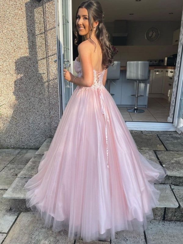 Sexy Pink A-Line Strapless Lace Up Applique Long Party Formal Prom Dresses,Evening Gowns,FM85