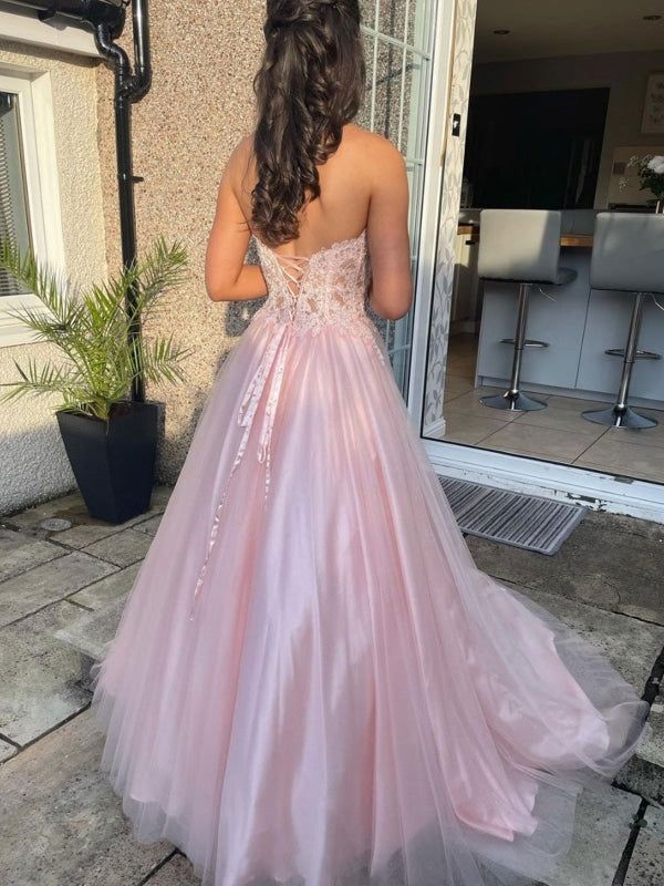 Sexy Pink A-Line Strapless Lace Up Applique Long Party Formal Prom Dresses,Evening Gowns,FM85