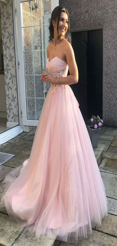 Sexy Pink A-Line Strapless Lace Up Applique Long Party Formal Prom Dresses,Evening Gowns,FM85