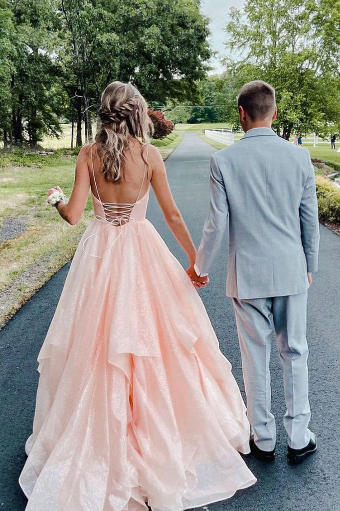 Elegant Pink A-Line V Neck Spaghetti Straps Lace Up Long Party Prom Dresses,Evening Gowns,FM86