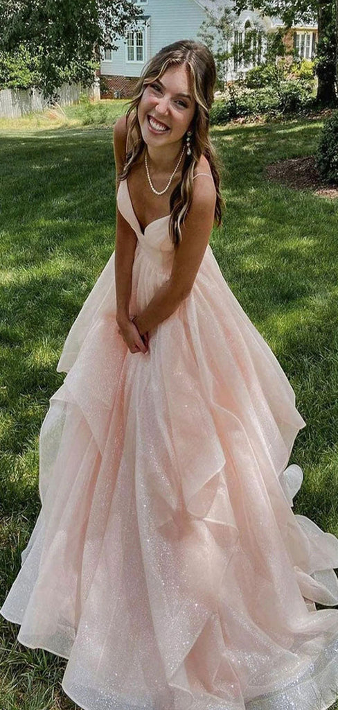 Elegant Pink A-Line V Neck Spaghetti Straps Lace Up Long Party Prom Dresses,Evening Gowns,FM86