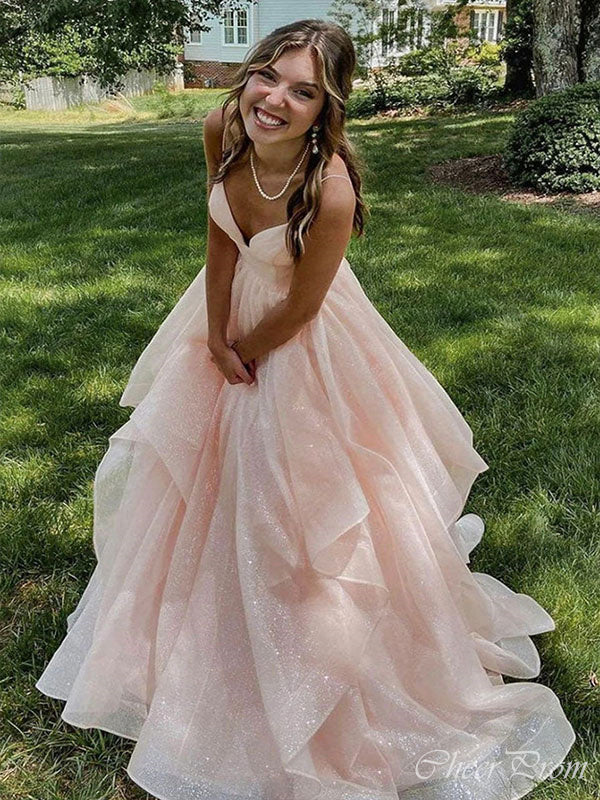 Elegant Pink A-Line V Neck Spaghetti Straps Lace Up Long Party Prom Dresses,Evening Gowns,FM86