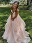 Elegant Pink A-Line V Neck Spaghetti Straps Lace Up Long Party Prom Dresses,Evening Gowns,FM86