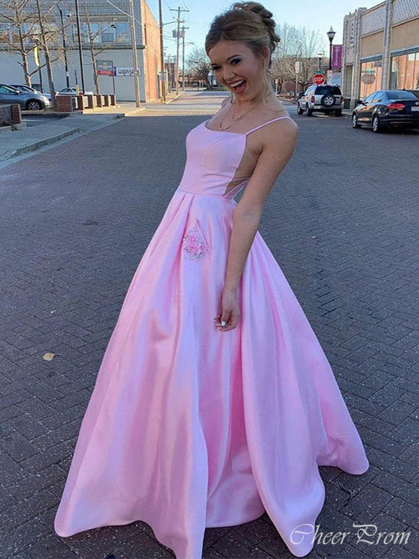 Gorgeous Pink A-Line Spaghetti Straps Appliques Beading Long Party Prom Dresses,Evening Gowns,FM87