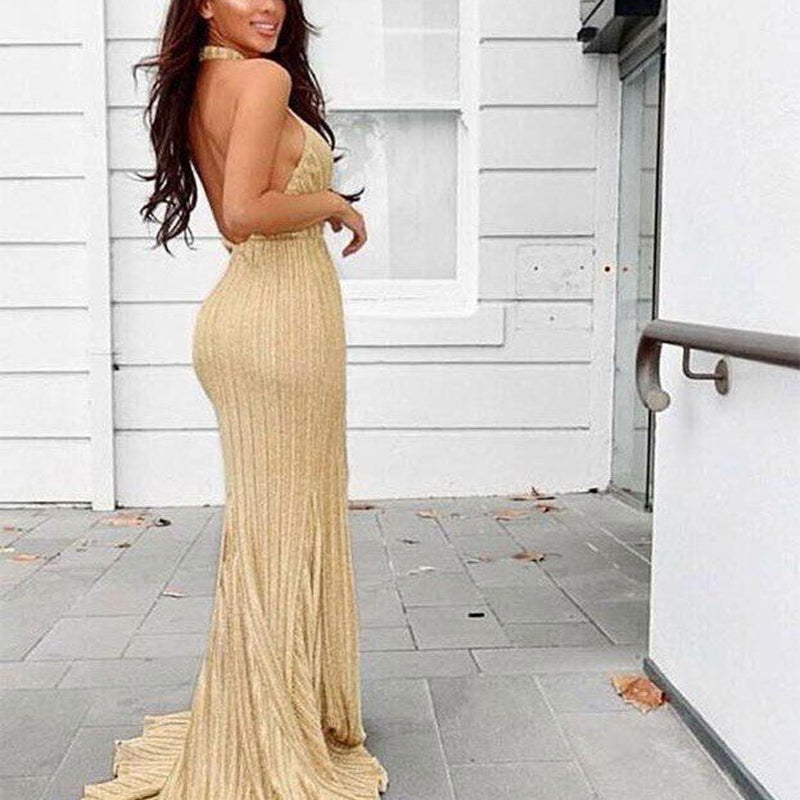 Sexy Golden Halter Mermaid Side Slit Dresses for Maid of Honor, Bridesmaid Dresses, CP386