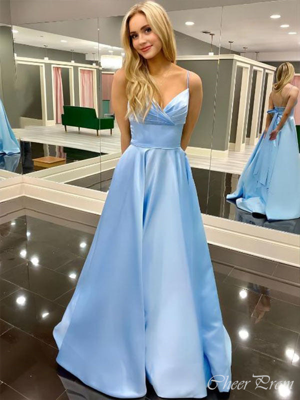 Elegant Blue Spaghetti Straps V Neck Sleeveless Maxi Long Party Prom Dresses, Evening Gowns, FM363