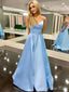 Elegant Blue Spaghetti Straps V Neck Sleeveless Maxi Long Party Prom Dresses, Evening Gowns, FM363