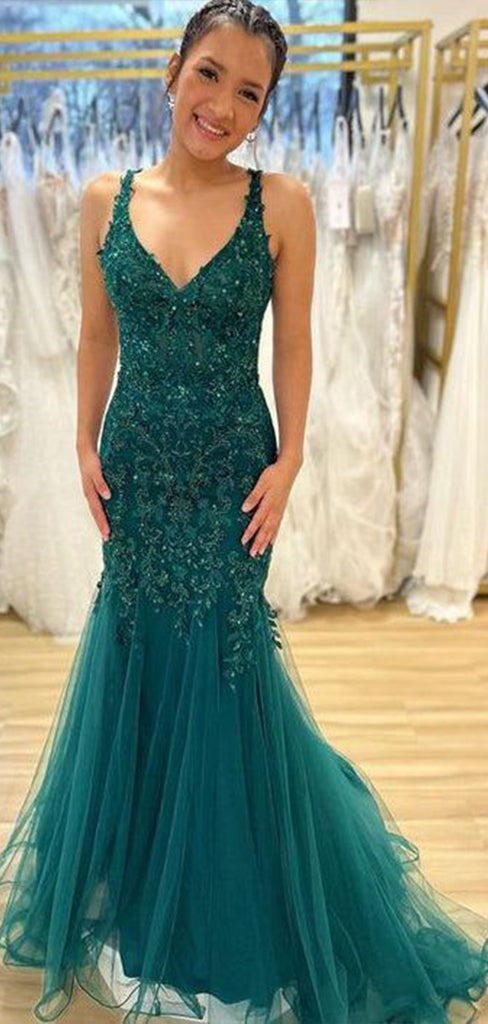 Charming Dark Green Mermaid Straps V Neck Sleeveless Lace Maxi Long Party Prom Dresses, Evening Gowns, FM374